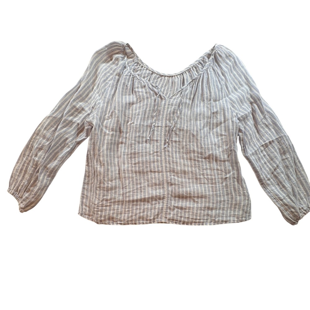 Linen Blue White Striped Peasant Blouse Tie Neck Long Sleeve Boho Top